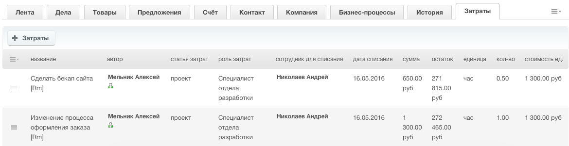 Осьмилог. Модуль учета затрат