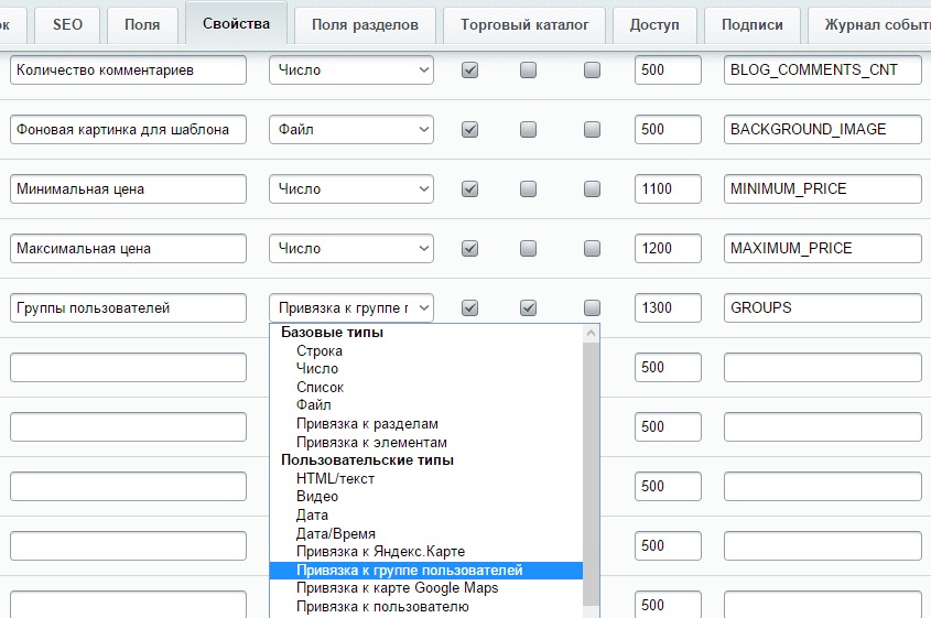Свойство "Привязка к группе пользователей"